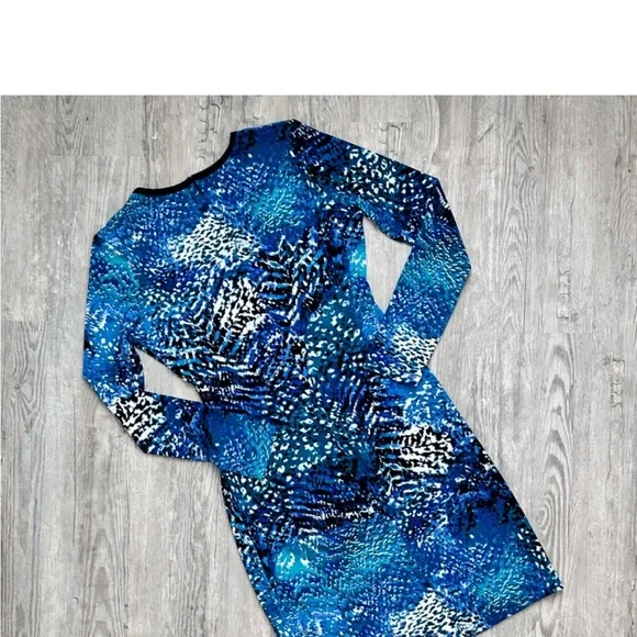 Calvin Klein Blue Aqua Print Bodycon Faux Wrap Dress Size 8 - Picture 4 of 9